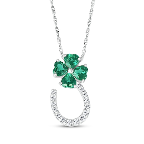 Heart-Shaped Lab-Created Emerald & White Lab-Created Sapphire Lucky Necklace Sterling Silver 18"