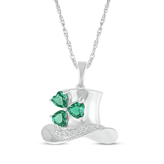 Heart-Shaped Lab-Created Emerald & White Lab-Created Sapphire Shamrock & Top Hat Necklace Sterling Silver 18"