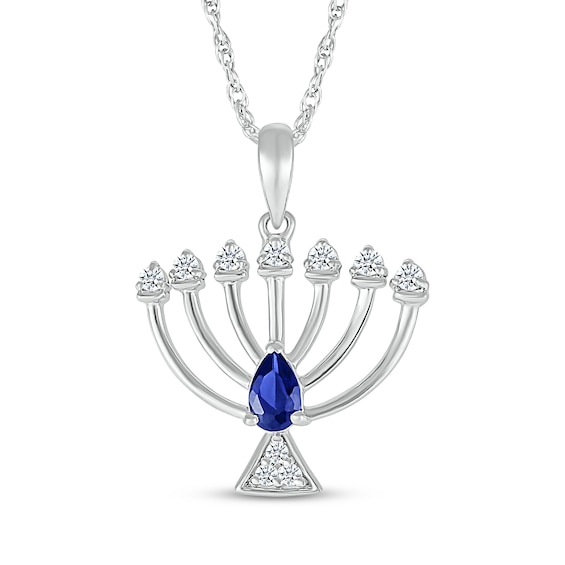 Pear-Shaped Blue Lab Created Sapphire & White Lab-Created Sapphire Menorah Necklace Sterling Silver 18"