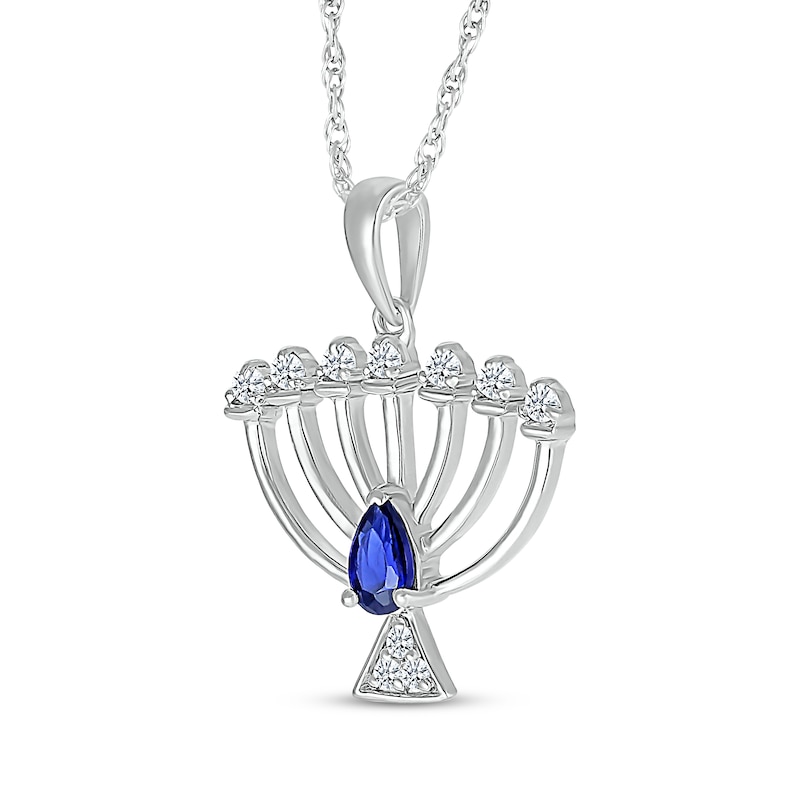 Main Image 2 of Pear-Shaped Blue Lab Created Sapphire & White Lab-Created Sapphire Menorah Necklace Sterling Silver 18&quot;