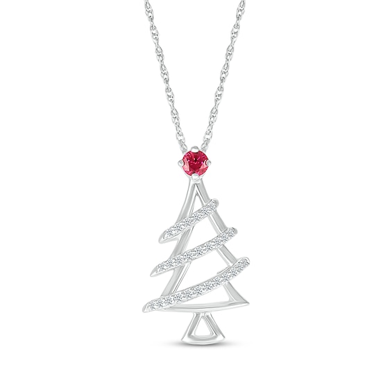 Lab-Created Ruby & White Lab-Created Sapphire Christmas Tree Necklace Sterling Silver 18"
