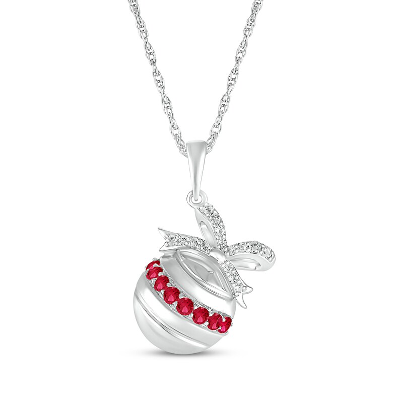 Main Image 1 of Lab-Created Ruby & White Lab-Created Sapphire Ball Ornament Necklace Sterling Silver 18&quot;
