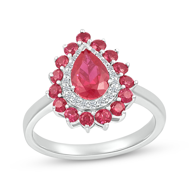 Main Image 1 of Pear-Shaped Lab-Created Ruby & White Lab-Created Sapphire Double Halo Ring Sterling Silver