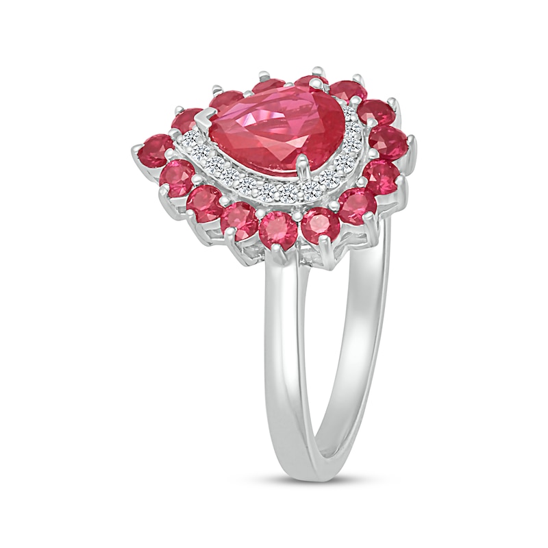 Main Image 2 of Pear-Shaped Lab-Created Ruby & White Lab-Created Sapphire Double Halo Ring Sterling Silver