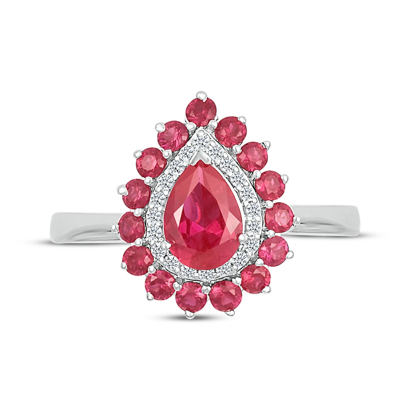 Main Image 4 of Pear-Shaped Lab-Created Ruby & White Lab-Created Sapphire Double Halo Ring Sterling Silver