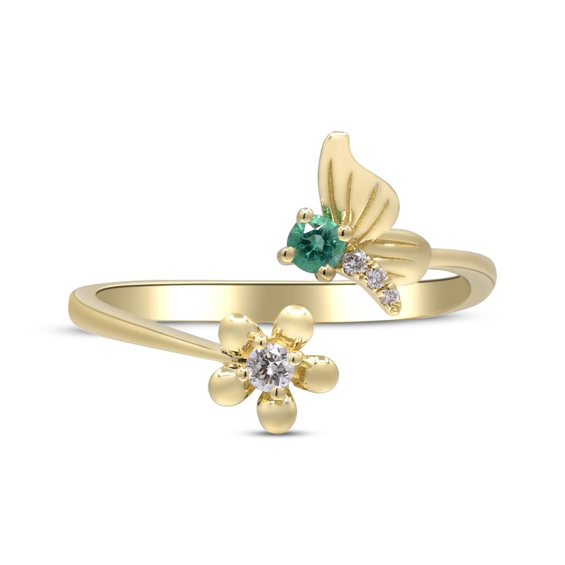 Main Image 3 of Emerald & Diamond Deconstructed Butterfly Flower Ring 1/20 ct tw 10K Yellow Gold