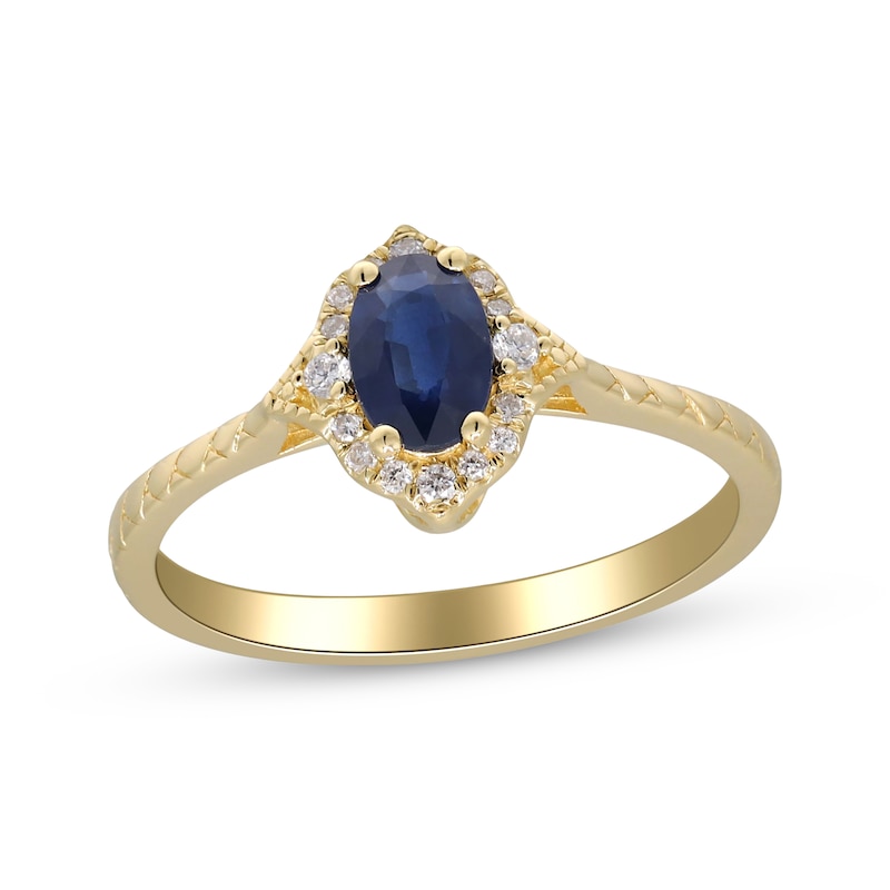 Main Image 1 of Oval-Cut Blue Sapphire & Diamond Arabesque Frame Ring 1/15 ct tw 10K Yellow Gold