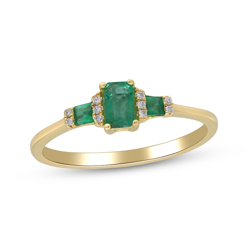 Emerald-Cut Emerald & Diamond Three-Stone Ring 1/20 ct tw 10K Yellow Gold