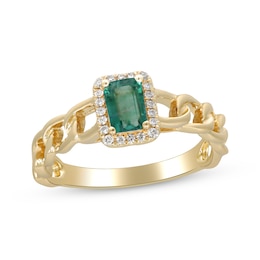 Emerald-Cut Emerald & Diamond Chain RIng 1/15 ct tw 10K Yellow Gold
