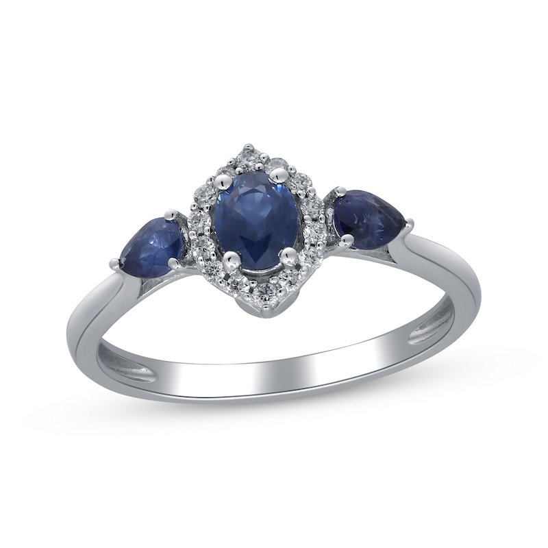 Main Image 1 of Oval-Cut & Pear-Shaped Blue Sapphire & Diamond Arabesque Frame Ring 1/10 ct tw 10K White Gold