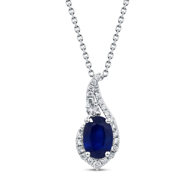 Main Image 1 of Oval-Cut Blue Lab-Created Sapphire & Diamond Swirl Frame Necklace 1/5 ct tw 14K White Gold 18&quot;