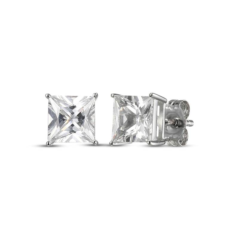 Main Image 1 of Square-Cut White Lab-Created Sapphire Solitaire Stud Earrings Sterling Silver