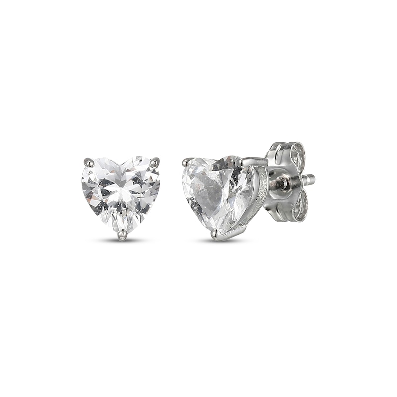 Main Image 1 of Heart-Shaped White Lab-Created Sapphire Solitaire Stud Earrings Sterling Silver