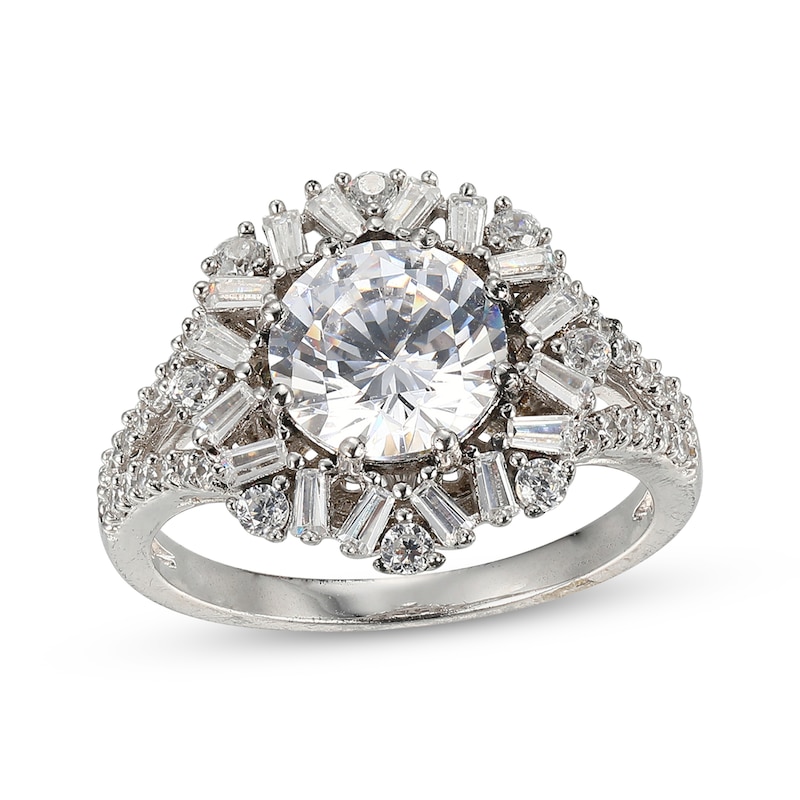 Main Image 1 of Baguette & Round-Cut White Lab-Created Sapphire Frame Ring Sterling Silver