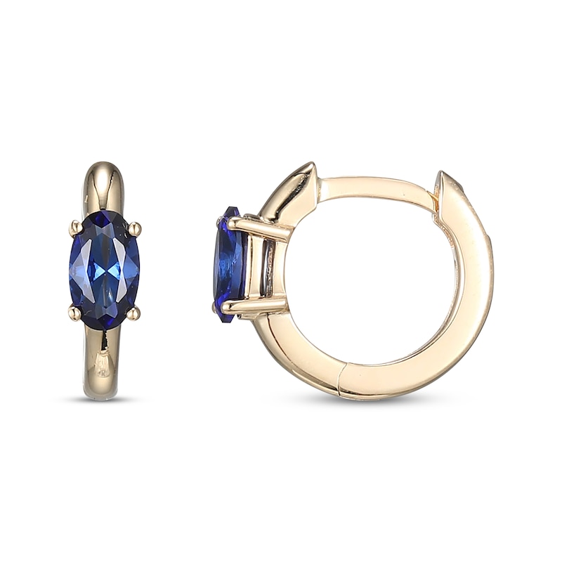 Main Image 3 of Oval-Cut Blue Lab-Created Sapphire Huggie Hoop Earrings 10K Yellow Gold