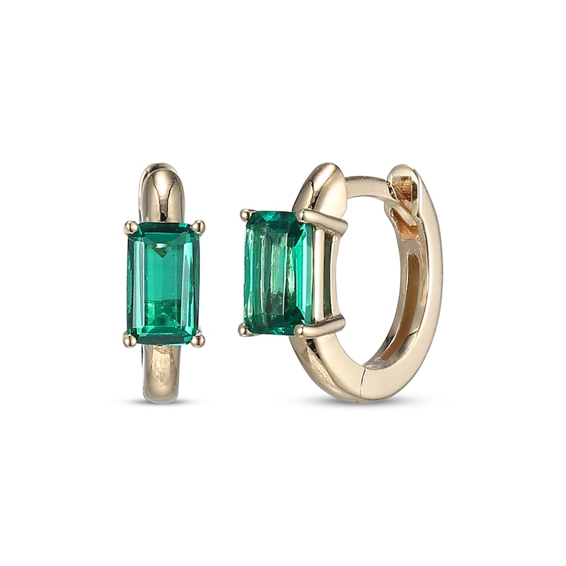 Main Image 1 of Emerald-Cut Lab-Created Emerald Huggie Hoop Earrings 10K Yellow Gold