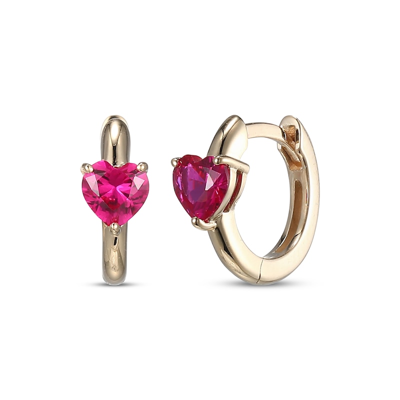 Main Image 1 of Heart-Shaped Lab-Created Ruby Huggie Hoop Earrings 10K Yellow Gold