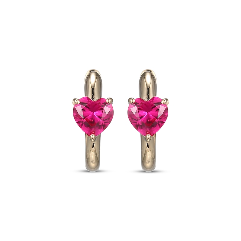 Main Image 2 of Heart-Shaped Lab-Created Ruby Huggie Hoop Earrings 10K Yellow Gold
