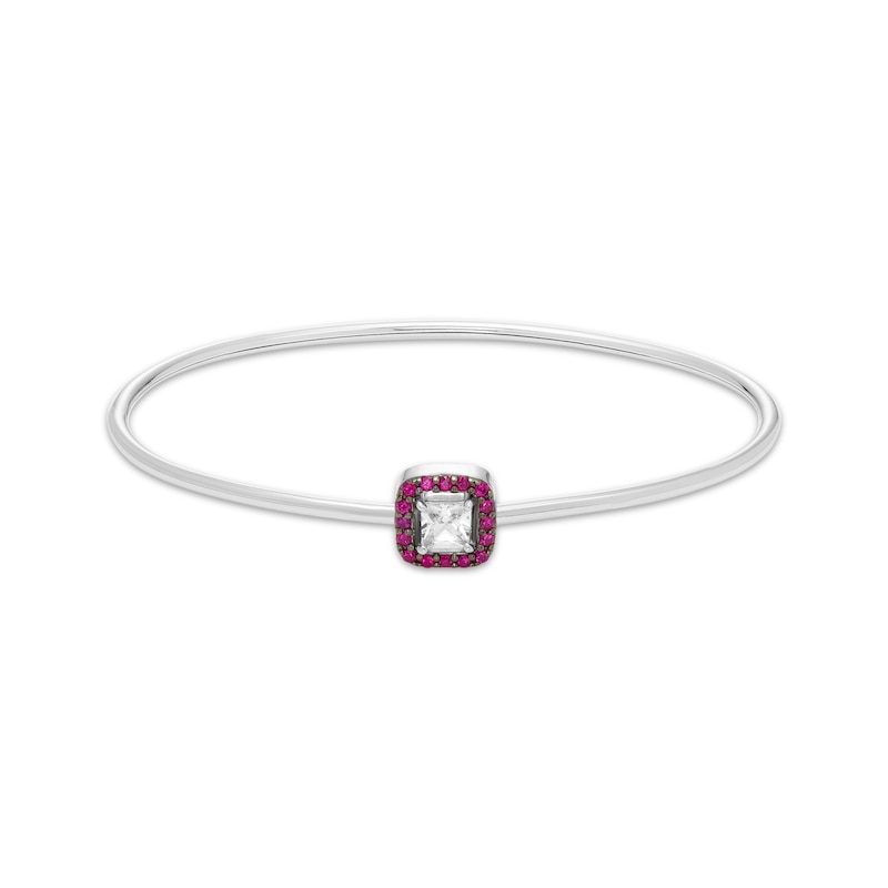 Main Image 1 of Square-Cut White Lab-Created Sapphire & Lab-Created Ruby Frame Flex Bangle Sterling Silver
