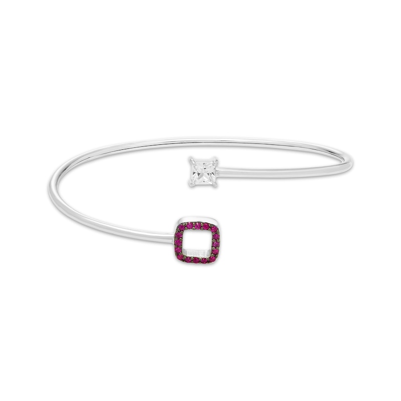 Main Image 3 of Square-Cut White Lab-Created Sapphire & Lab-Created Ruby Frame Flex Bangle Sterling Silver