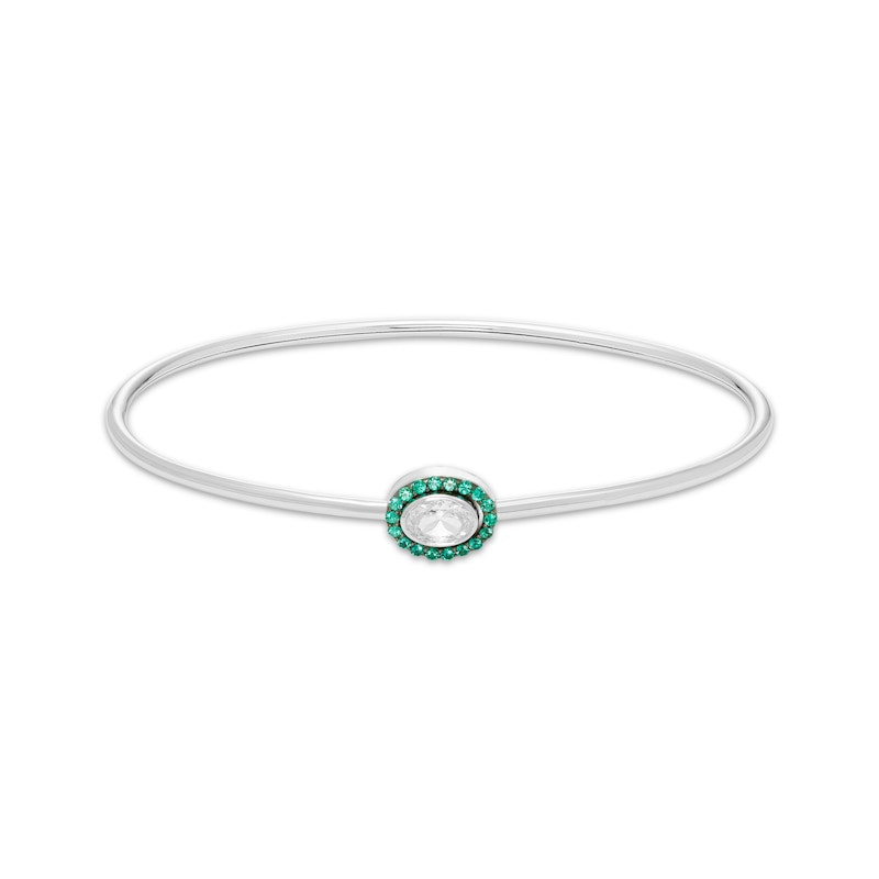 Main Image 1 of Oval-Cut White Lab-Created Sapphire & Lab-Created Emerald Halo Flex Bangle Sterling Silver