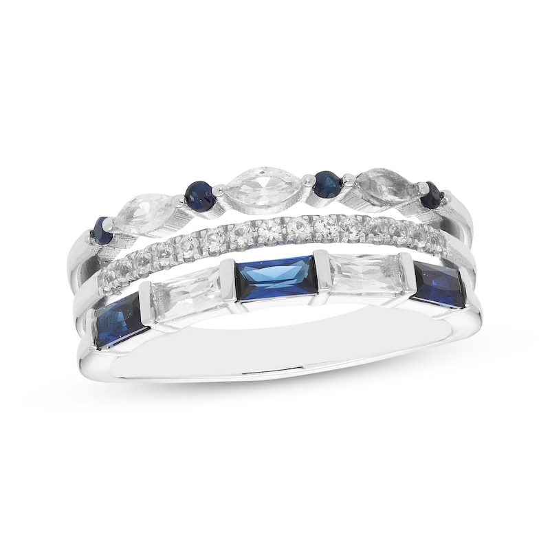 Multi-Shape Blue & White Lab-Created Sapphire Three-Row Ring Sterling Silver