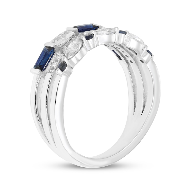 Multi-Shape Blue & White Lab-Created Sapphire Three-Row Ring Sterling Silver