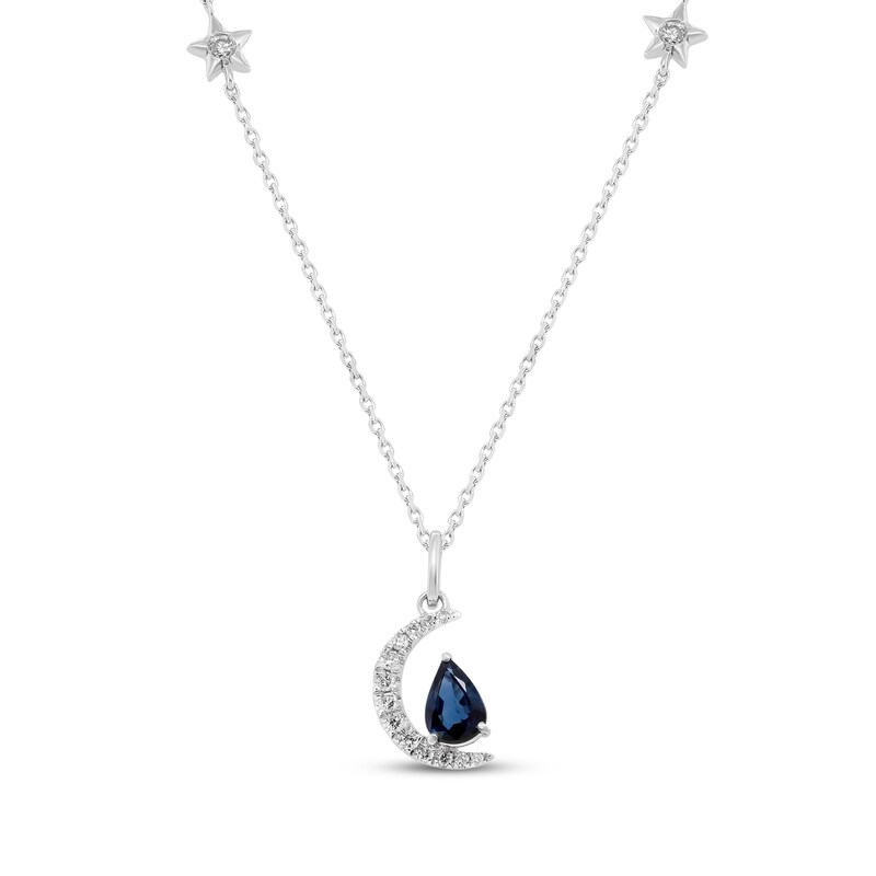 Main Image 1 of Pear-Shaped Blue Sapphire & Diamond Crescent Moon Necklace 1/8 ct tw 10K White Gold 18&quot;