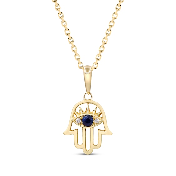 Blue Sapphire & Diamond Accent Hamsa Necklace 10K Yellow Gold 18"