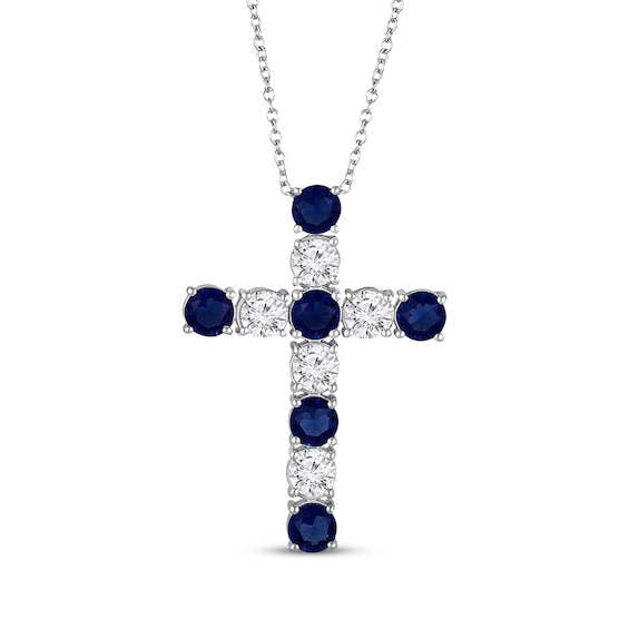 Blue & White Lab-Created Sapphire Cross Necklace Sterling Silver 18"