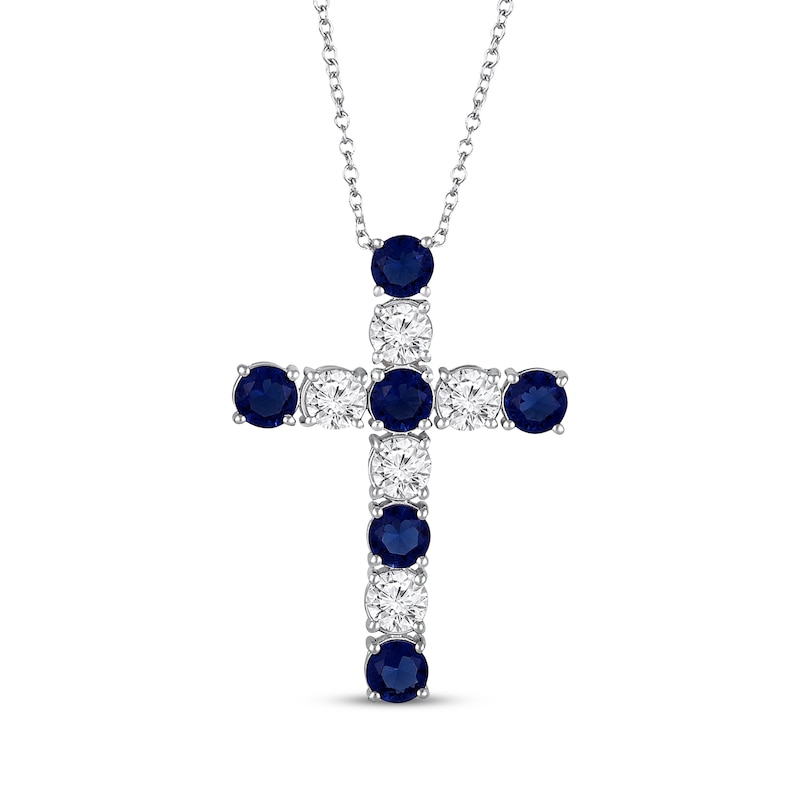 Main Image 1 of Blue & White Lab-Created Sapphire Cross Necklace Sterling Silver 18&quot;