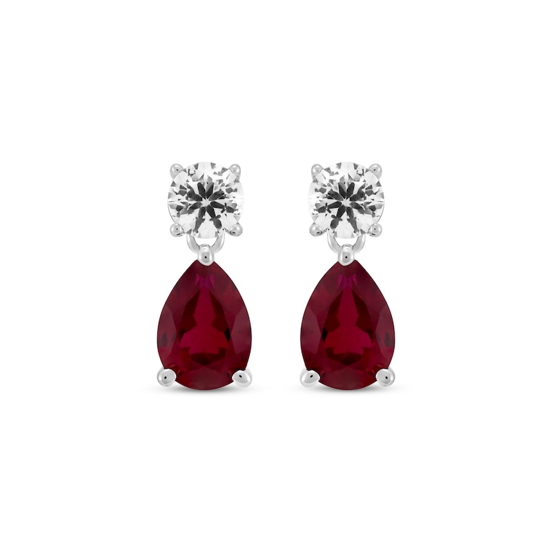 Main Image 2 of Pear-Shaped Lab-Created Ruby Drop & Round-Cut White Lab-Created Sapphire Earrings Sterling Silver