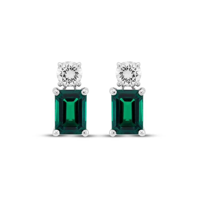 Main Image 2 of Emerald-Cut Lab-Created Emerald & Round-Cut White Lab-Created Sapphire Earrings Sterling Silver