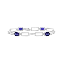 Cushion-Cut Blue Lab-Created Sapphire & Diamond Paperclip Bracelet 1/5 ct tw Sterling Silver 7.25"