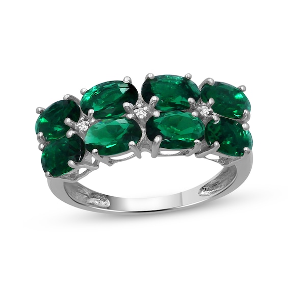 Oval-Cut Lab-Created Emerald & White Lab-Created Sapphire Two-Row Ring Sterling Silver