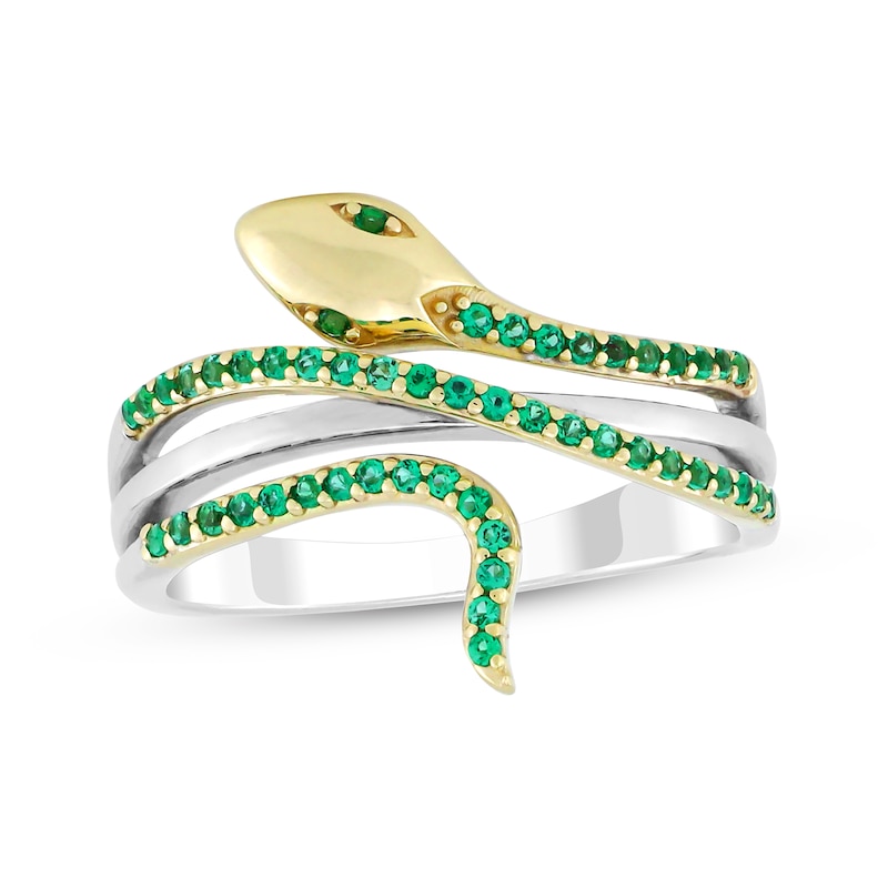 Main Image 1 of Lab-Created Emerald Snake Ring Sterling Silver & 10K Yellow Gold