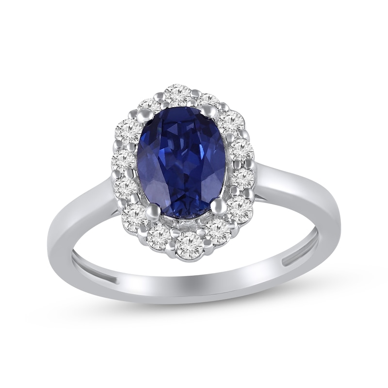 Main Image 1 of Oval-Cut Blue Lab-Created Sapphire & White Lab-Created Sapphire Halo Ring 10K White Gold