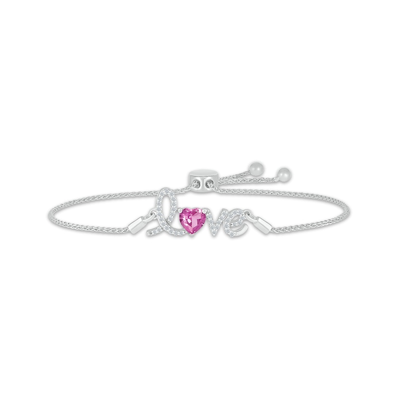 Main Image 1 of Heart-Shaped Pink Lab-Created Sapphire & White Lab-Created Sapphire &quot;Love&quot; Bolo Bracelet Sterling Silver