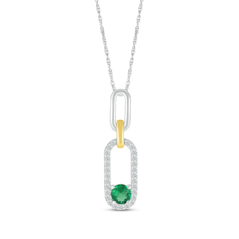 Main Image 1 of Lab-Created Emerald & White Lab-Created Sapphire Paperclip Necklace Sterling Silver & 10K Yellow Gold 18&quot;