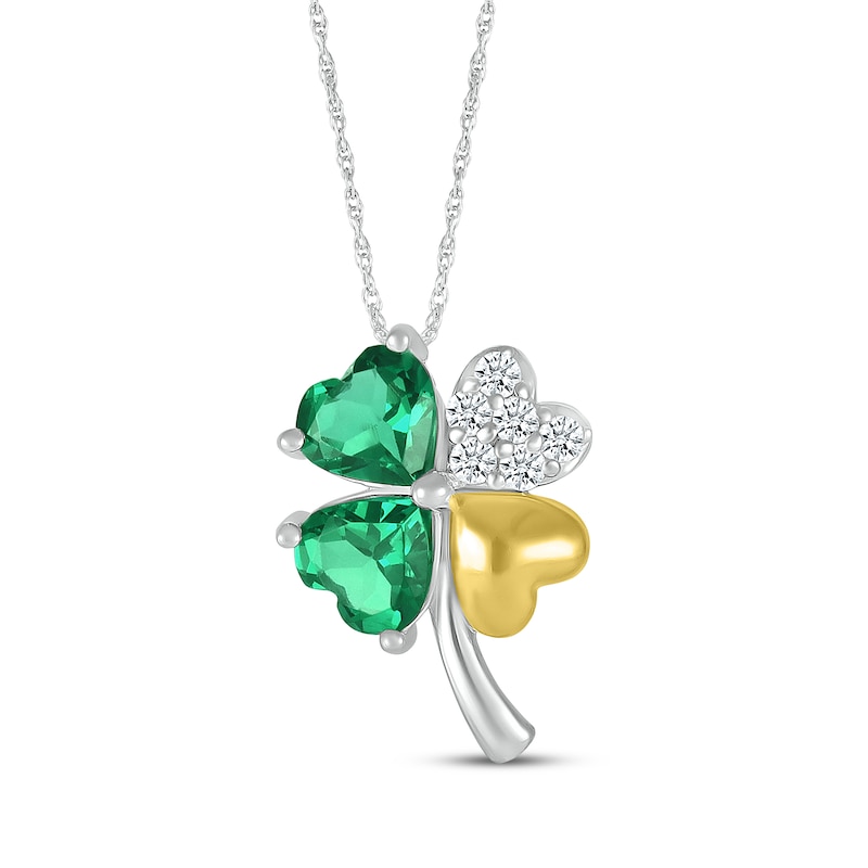 Main Image 1 of Heart-Shaped Lab-Created Emerald & White Lab-Created Sapphire Four-Leaf Clover Necklace Sterling Silver & 10K Yellow Gold 18&quot;