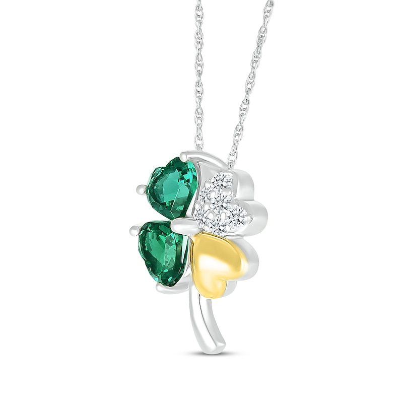 Main Image 2 of Heart-Shaped Lab-Created Emerald & White Lab-Created Sapphire Four-Leaf Clover Necklace Sterling Silver & 10K Yellow Gold 18&quot;