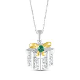Lab-Created Emerald & White Lab-Created Sapphire Present Necklace Sterling Silver & 10K Yellow Gold 18"