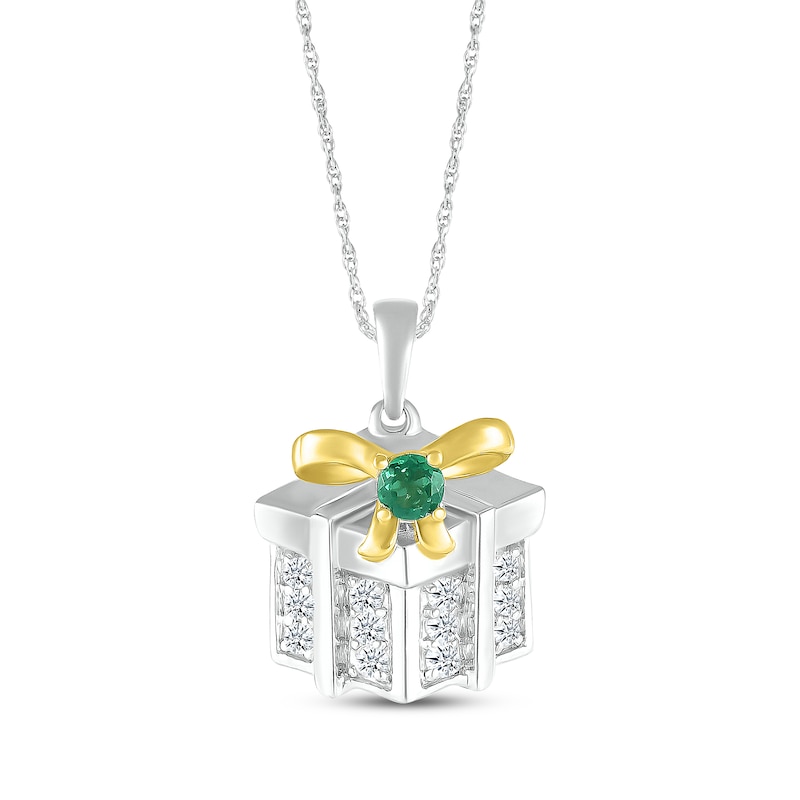 Main Image 1 of Lab-Created Emerald & White Lab-Created Sapphire Present Necklace Sterling Silver & 10K Yellow Gold 18"