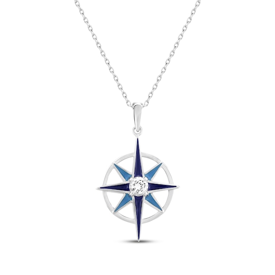 White Lab-Created Sapphire & Blue Enamel Compass Necklace Sterling Silver 18"