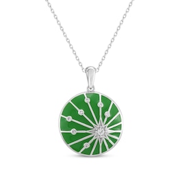 White Lab-Created Sapphire & Green Enamel Star Necklace Sterling Silver 18"