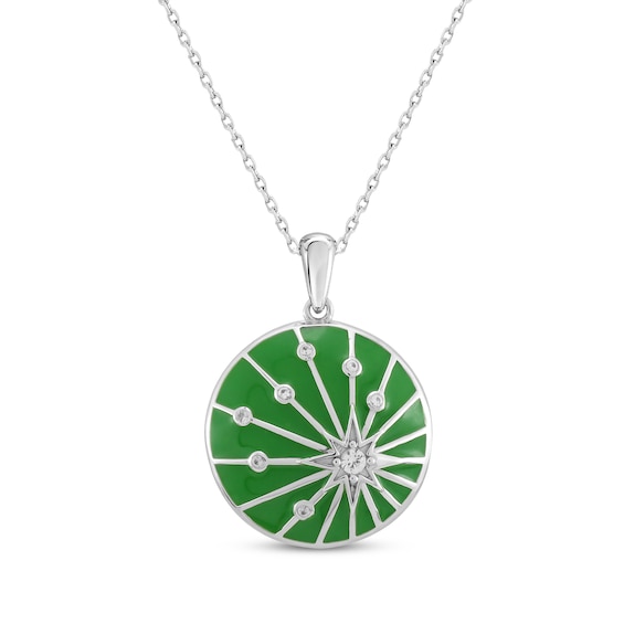 White Lab-Created Sapphire & Green Enamel Star Necklace Sterling Silver 18"
