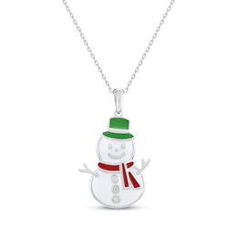 White Lab-Created Sapphire & Enamel Snowman Necklace Sterling Silver 18"