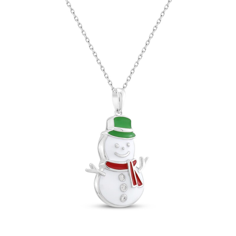 Main Image 2 of White Lab-Created Sapphire & Enamel Snowman Necklace Sterling Silver 18&quot;