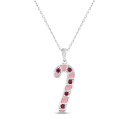 Lab-Created Ruby & Pink Enamel Candy Cane Necklace Sterling Silver 18"