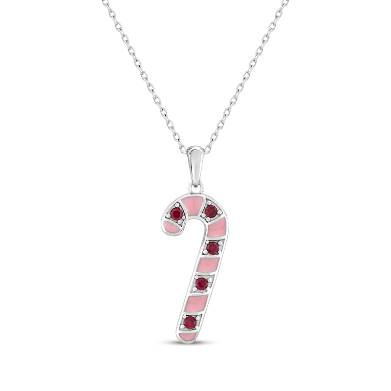 Lab-Created Ruby & Pink Enamel Candy Cane Necklace Sterling Silver 18"